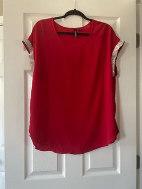 Red Short Sleeve Blouse with Sparkle Trim -